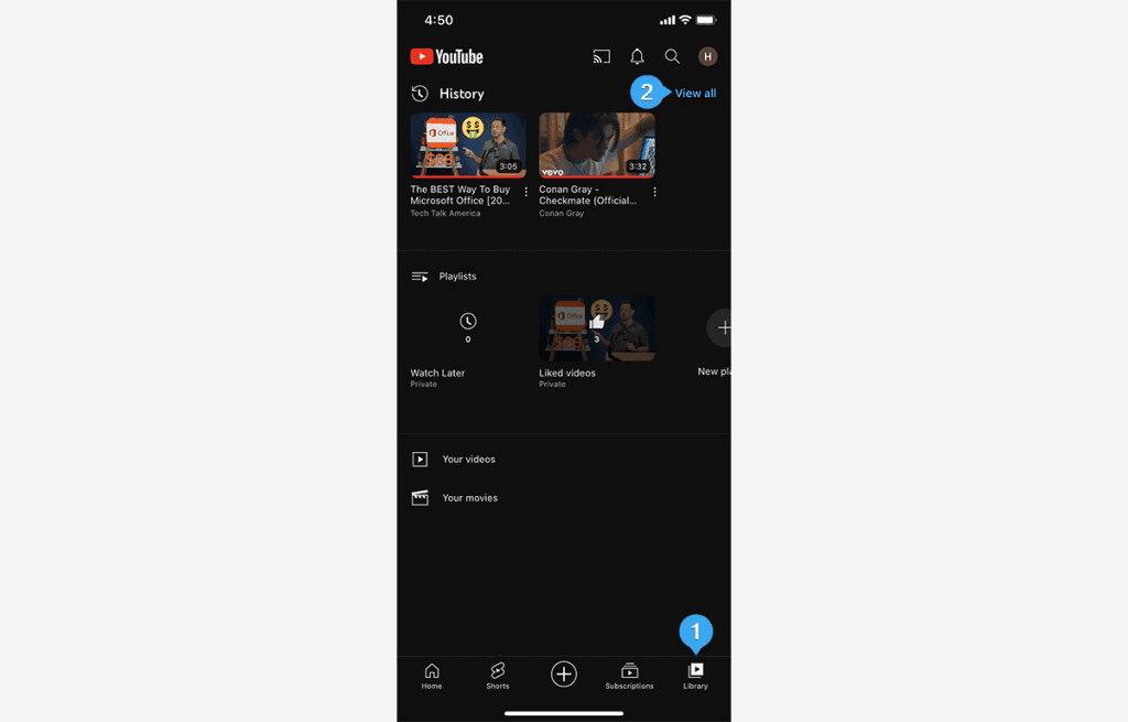 Step 2 to view YouTube history on mobile