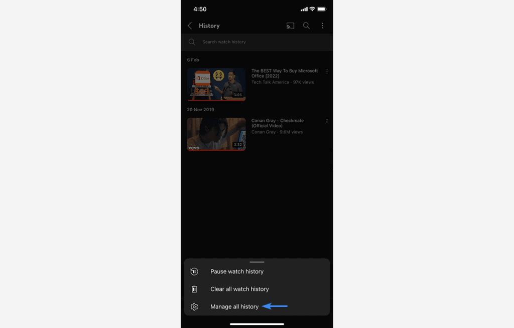 Step 3 to view YouTube history on mobile