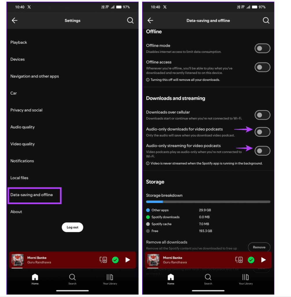 Change Video Podcast Settings to reduce Spotify data usage