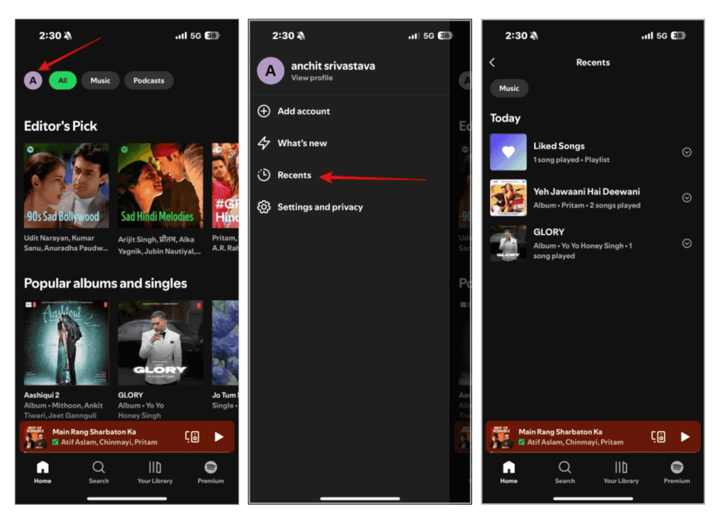 find Spotify listening history using 'Recents' tab on mobile