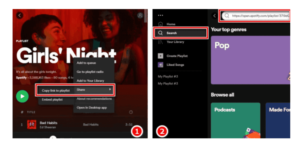 copy playlist URL to transfer Spotify playlists to another